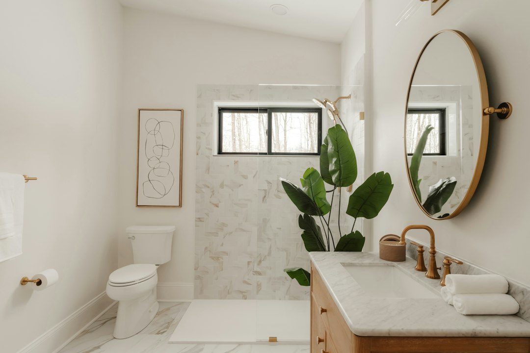Modern bathroom with marble accents and a large plant